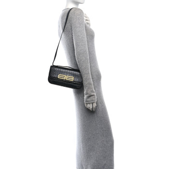 BALENCIAGA Extra Supple Calfskin Crocodile Embossed Small Gossip Bag Black