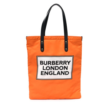 BURBERRY Nylon London England Print Logo Flat Tote Orange