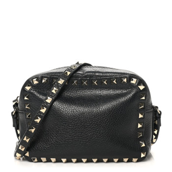 VALENTINO GARAVANI Pebbled Calfskin Rockstud Camera Crossbody Bag Black