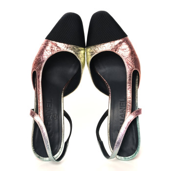 CHANEL Laminated Calfskin Grosgrain Cap Toe CC Slingback Pumps 37.5 Multicolor Black
