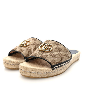 GUCCI Monogram Matelasse GG Marmont Espadrille 20mm Slide Sandals 37 Beige Ebony Black
