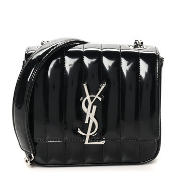 SAINT LAURENT Patent Calfskin Matelasse Monogram Small Vicky Chain Bag Black