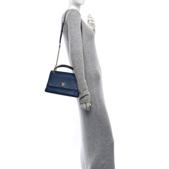CHANEL Grained Calfskin Snakeskin Small Chevron Chic Top Handle Flap Blue
