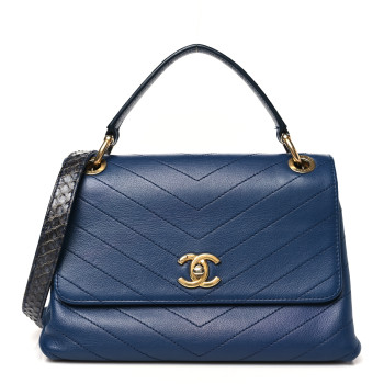 CHANEL Grained Calfskin Snakeskin Small Chevron Chic Top Handle Flap Blue