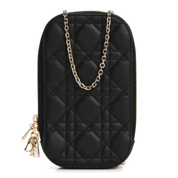 CHRISTIAN DIOR Lambskin Cannage Lady Dior Phone Holder Black