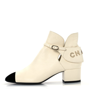 CHANEL Lambskin Velvet Cap Toe Short Ankle Boots 37 White