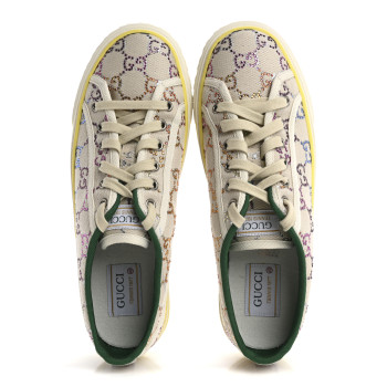 GUCCI Canvas Lame Crystal GG Monogram Womens 1977 Tennis Sneakers 40 Gardenia Silver Mystic White