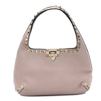 VALENTINO GARAVANI Pebbled Calfskin Small Rockstud Flip Lock Hobo Poudre