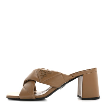 PRADA Nappa Logo Quilted Crisscross 65mm Block Heel Slide Sandals 37 Brown