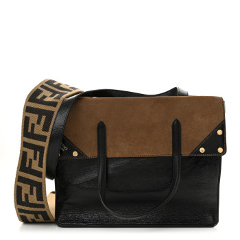 FENDI Agnello Old Shine Vitello Go Rain Large Flip Tote Black Marrone