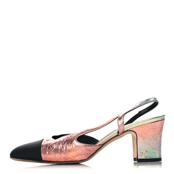CHANEL Laminated Calfskin Grosgrain Cap Toe CC Slingback Pumps 37.5 Multicolor Black