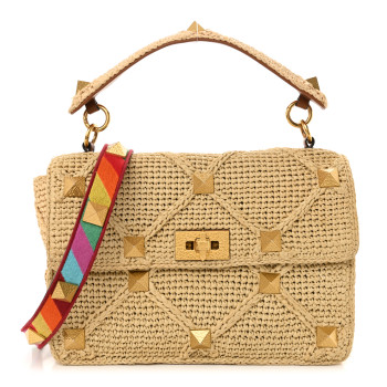 VALENTINO GARAVANI Raffia Large Roman Stud Shoulder Bag Naturale Multicolor