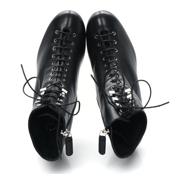 CHANEL Lambskin Metallic Heel Lace Up Boots 38 Black