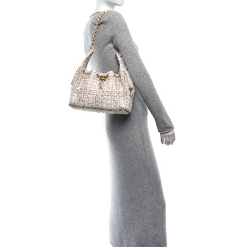 CHANEL Tweed Quilted Small Chanel 25 Handbag White Multicolor