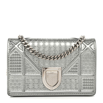 CHRISTIAN DIOR Metallic Patent Micro-Cannage Baby Diorama Flap Bag Silver