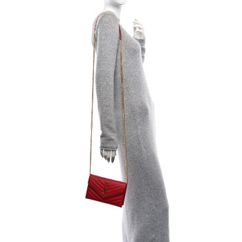 SAINT LAURENT Grain De Poudre Matelasse Chevron Monogram Envelope Chain Wallet Rouge Eros