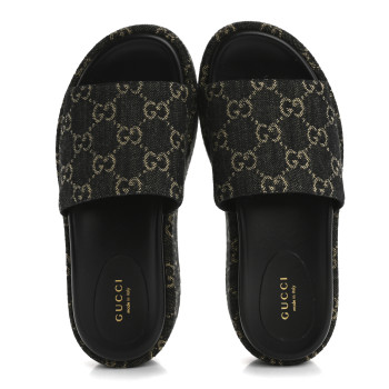 GUCCI Jacquard Black Denim GG Monogram Angelina Platform 55mm Slide Sandals 36 Black Ivory