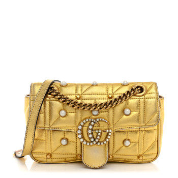 GUCCI Metallic Calfskin Matelasse Studded Mini Pearly GG Marmont Shoulder Bag Gold