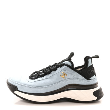 CHANEL Suede Calfskin Nylon Grosgrain CC Sneakers 38 Light Blue