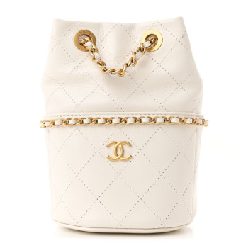 CHANEL Shiny Lambskin Quilted Chain Bucket Bag White