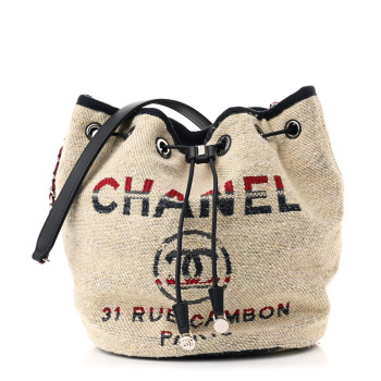 CHANEL Striped Canvas Deauville Drawstring Bag Beige