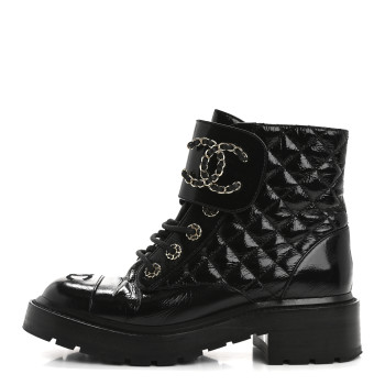 CHANEL Shiny Lambskin Quilted Lace Up Combat Boots 37 Black