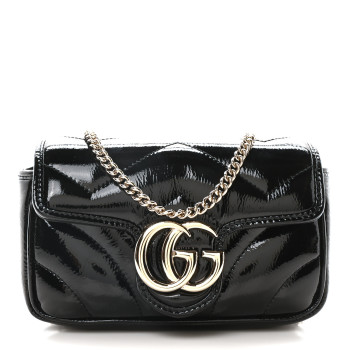 GUCCI Patent Lambskin Matelasse Super Mini GG Marmont Shoulder Bag Black