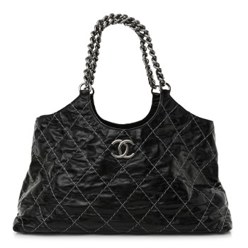 CHANEL Glazed Goatskin Double Contrast Stitch Tote Black Black