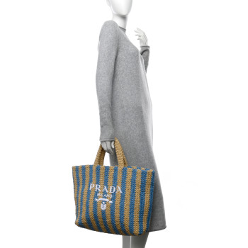 PRADA Yarn Raffia Effect Crochet Striped Large Logo Tote Naturale Celeste