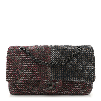 CHANEL Tweed Quilted Medium Double Flap Navy White Red