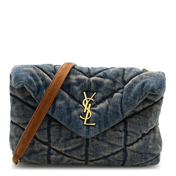 SAINT LAURENT Denim Quilted Toy Loulou Puffer Monogram Chain Satchel Blue Cinnamon