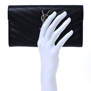 SAINT LAURENT Grain De Poudre Matelasse Chevron Monogram Flap Wallet Black