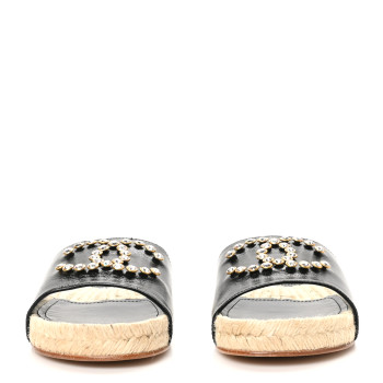 CHANEL Patent Calfskin Crystal CC Espadrille Slip On Sandals 40 Black