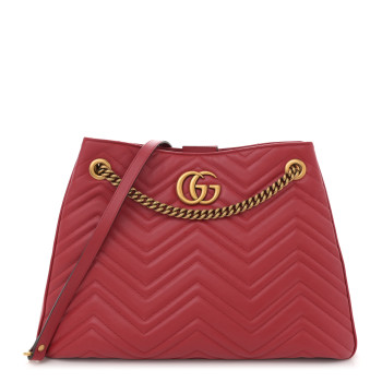 GUCCI Calfskin Matelasse Medium GG Marmont Shoulder Tote Bag Hibiscus Red
