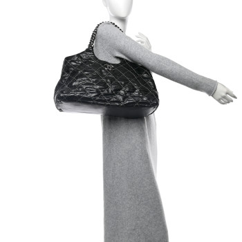 CHANEL Glazed Goatskin Double Contrast Stitch Tote Black Black