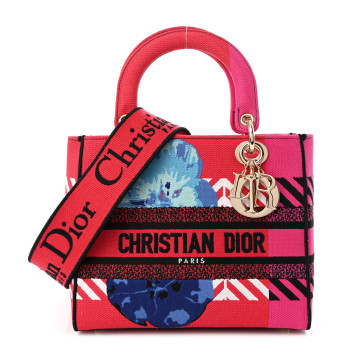 CHRISTIAN DIOR Canvas Embroidered Flower Pop Medium Lady D-Lite Red Pink