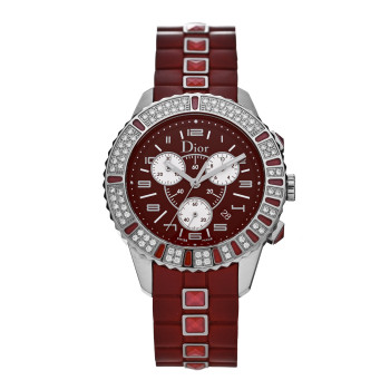 CHRISTIAN DIOR Stainless Steel Diamond Pave Sapphire 38mm Christal Chronograph Quartz Watch Red