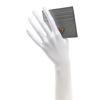 PRADA Calfskin Triangle Card Holder Granite Gray