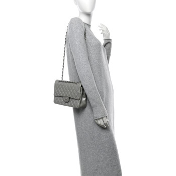 CHANEL Metallic Lambskin Quilted Medium Double Flap Silver