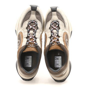 GUCCI Technical Knit Fabric Suede Calfskin Womens Gucci Run Sneakers 38 Grey Sky