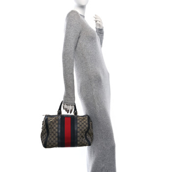 GUCCI Monogram Selleria Calfskin Vintage Web Medium Boston Beige Blue