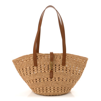 SAINT LAURENT Raffia Calfskin Small Panier Tote Naturel
