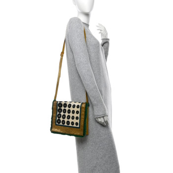 FENDI Metallic Calfskin Beaded Mink Studded Daisy Clutch Gold Multicolor