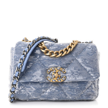 CHANEL Sequin Quilted Medium Chanel 19 Flap Light Blue