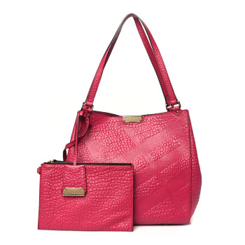 BURBERRY Signature Grain Calfskin Check Embossed Small Canterbury Tote Vibrant Fuchsia