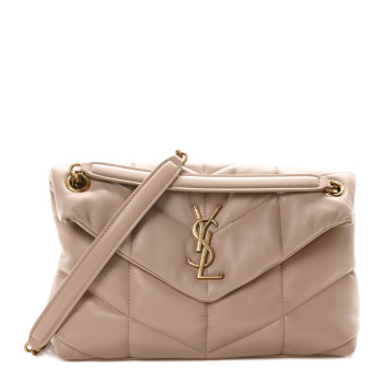 SAINT LAURENT Lambskin Quilted Small Loulou Puffer Monogram Chain Satchel Dark Beige