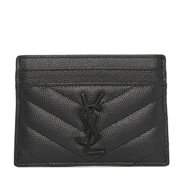 SAINT LAURENT Grain De Poudre Matelasse Chevron Monochrome Monogram Credit Card Case Black