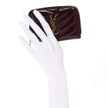 SAINT LAURENT Patent Matelasse Chevron Monogram Cassandre Compact Zip Around Card Wallet Dark Red Wine