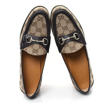GUCCI Canvas GG Monogram Horsebit Calfskin Womens Horsebit Platform Loafers 37 Beige Ebony
