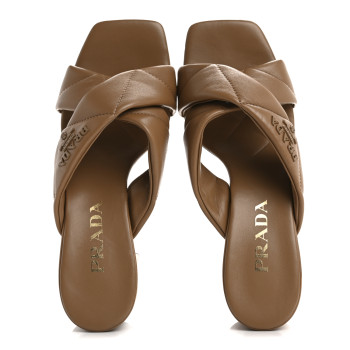PRADA Nappa Logo Quilted Crisscross 65mm Block Heel Slide Sandals 37 Brown